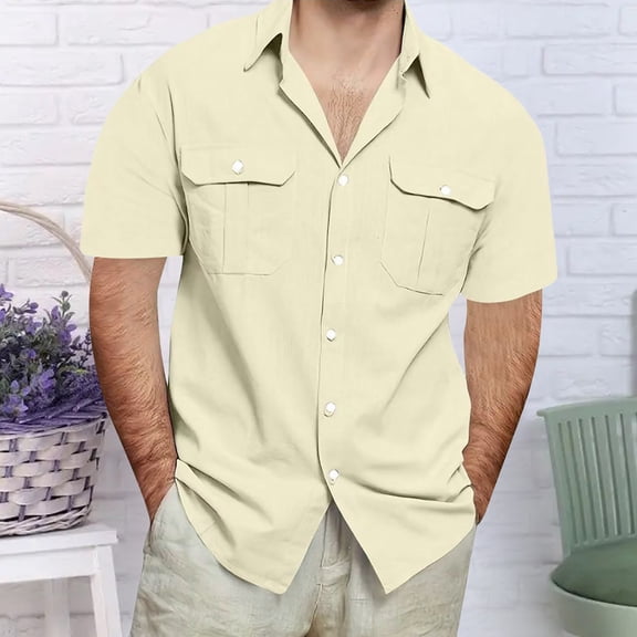 Cargo Pocket Short Sleeve Shirt for Men, Loose Turn Down Collar Shirt, Lightweight Comfort Fabric for Travel Street and Daily Wear Beige L