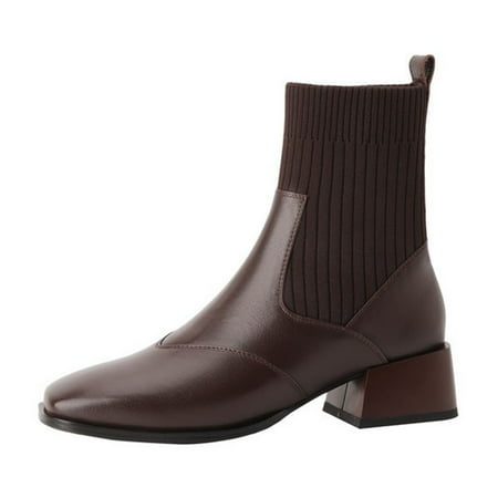 OJSFQUFP Women Ankle Boots Autumn and Winter New British Elastic Knitted Slim Boots with Square Toe and Mid Heel Elastic Boots Waterproof Shoes for Women Brown 37