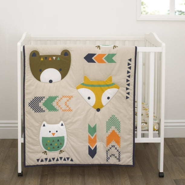 Little Bedding By Nojo Aztec Navy Teal And Orange Bear Fox And Owl 3 Piece Mini Crib Set With Comforter 2 Fitted Mini Crib Sheets Walmart Com Walmart Com