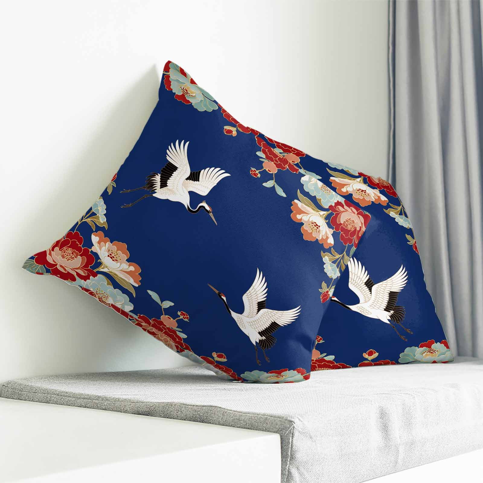 Throw Pillow Covers 24x24 Inch, Blue Crane Decorative Pillow Cases for Couch Sofa Bed, Vintage Red Teal Spring Floral Botanical Cotton Linen Square Home Decor Pillowcases with Hidden Zipper
