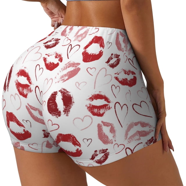 Fotbe Red Lips Shorts Sin Costuras – Shorts Deportivos de Cintura Alta para Mujer, Elásticos para Gimnasio, Yoga, Running o Ciclismo-Large