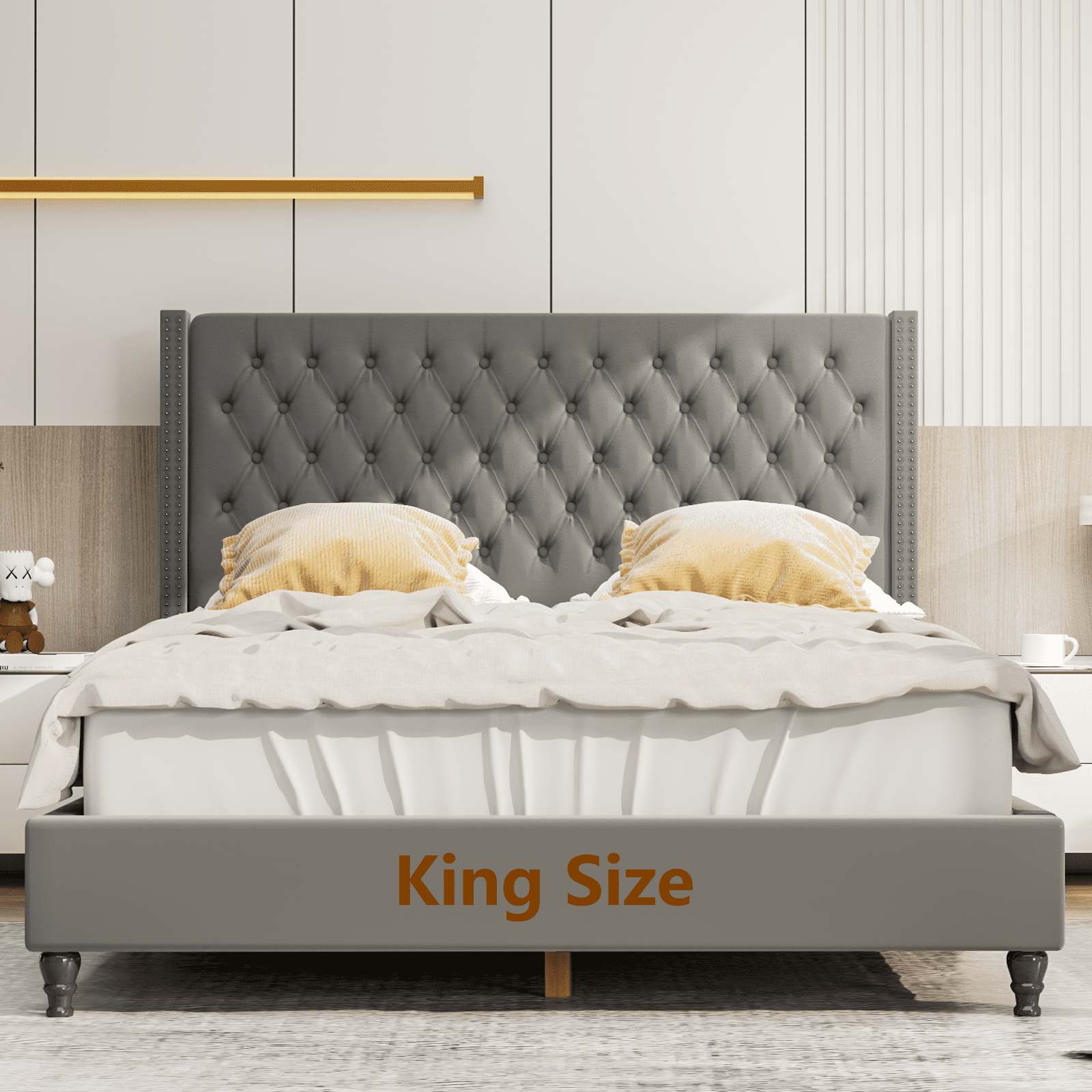 Nathaniel Home King Beds, Upholstered Tufted Bed, Platform Bed Frame with Diamond, Low Profile Platform Beds, Strong Wooden Slats, Adult Size Gray