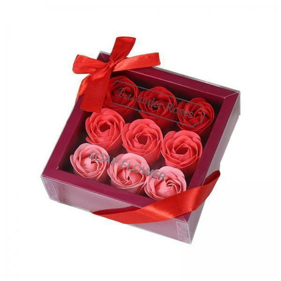 Juego De 5 Jabones Con Forma De Rosa En Caja De Regalo Cuadrada De 13,5 X 13,5 X 5 Cm Para El Día De La Madre Con Un Elegante Degradado Rojo