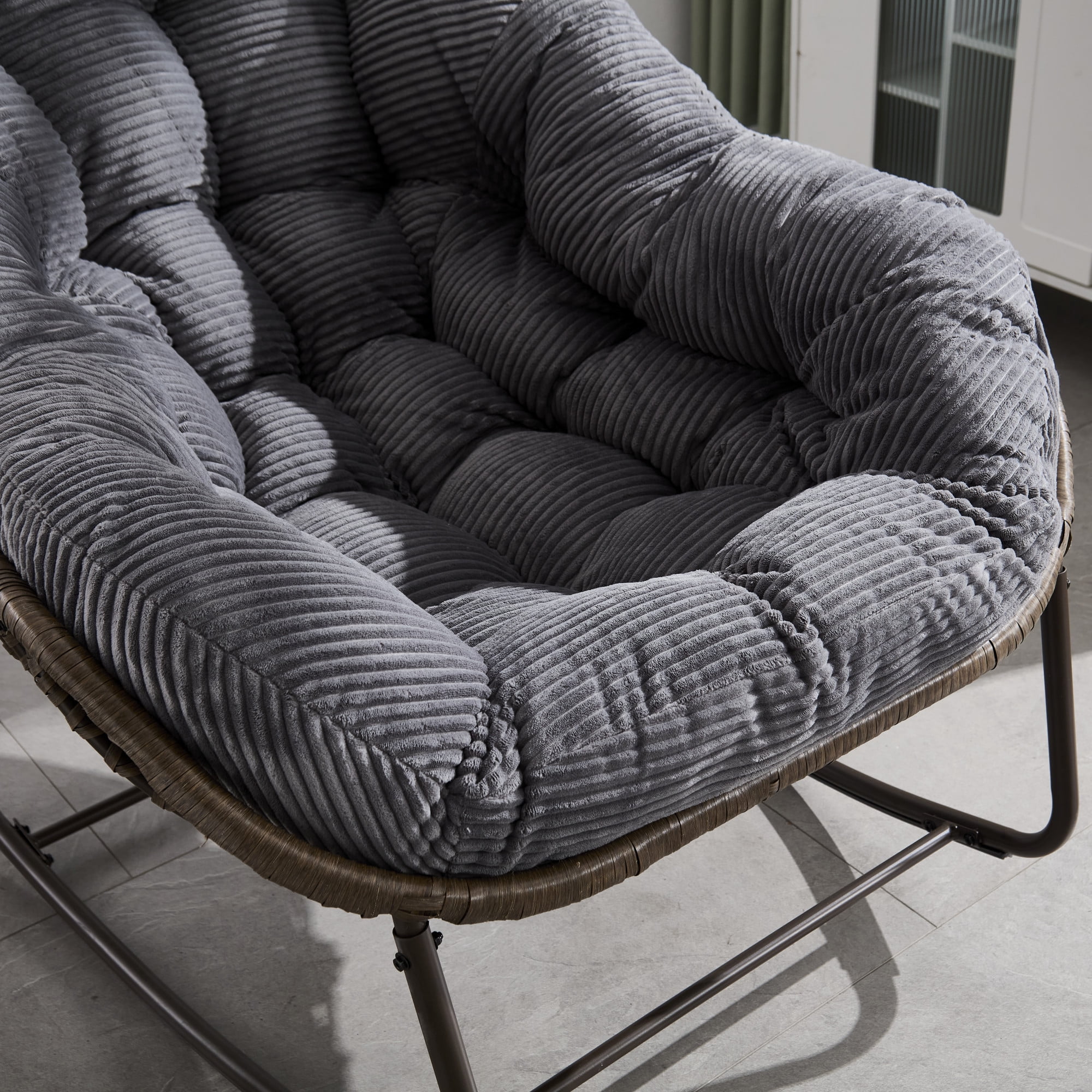 Leumius Outdoor Rattan Rocking Chair, Padded Cushion Rocker Recliner Chair Outdoor for Front Porch Living Room Patio Garden, Grey