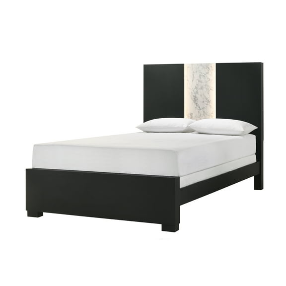 Bed Frame Contemporary Queen Panel LED Light Headboard Bed 1pc Black White Finish Wooden Bedroom Furniture