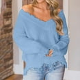 thumbnail image 2 of YUGYXL Fall Fashion for Women Trendy Loose V-Neck Long Sleeve Sweater Oversized Distressed Knit Blouse Outfits Blue M, 2 of 6