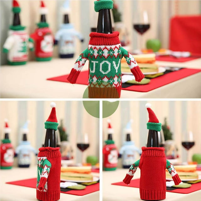 Langgg Functional Christmas Bottle Cover Exquisite Knitted Christmas Wine Set Elastic Bottle Cover Bag Decorative Firm Knitted Wine Sweaters Cover for Home
