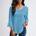 thumbnail image 5 of Women's 3/4 Sleeve Round Neck Casual Blouses Solid Color Ruffle Cuff Relaxed Fit Tops Ideal for Spring Summer Casual Daily Wear, 5 of 8