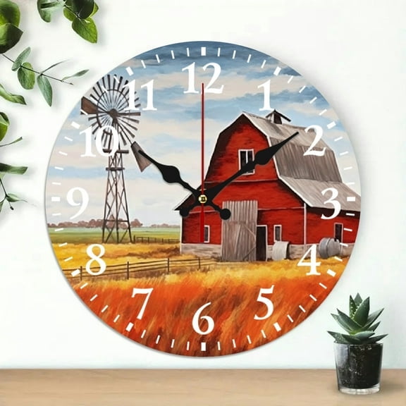 SBEMP 10 Inch Wooden Wall Clock Wheat Field Barn Windmill Print 10x10in