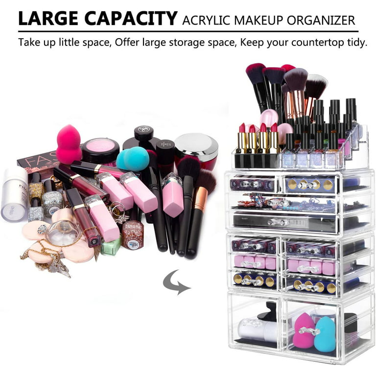 X-Large Clear Makeup Organizer Case - 4 Piece Set (12 drawers