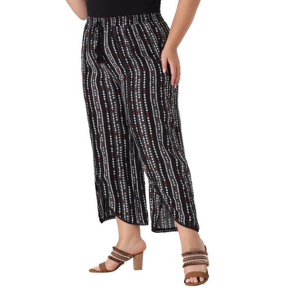 Pantalones de talla grande para mujeres, pantalones fluidos de rayas con cintura elástica, pierna ancha 1X negro