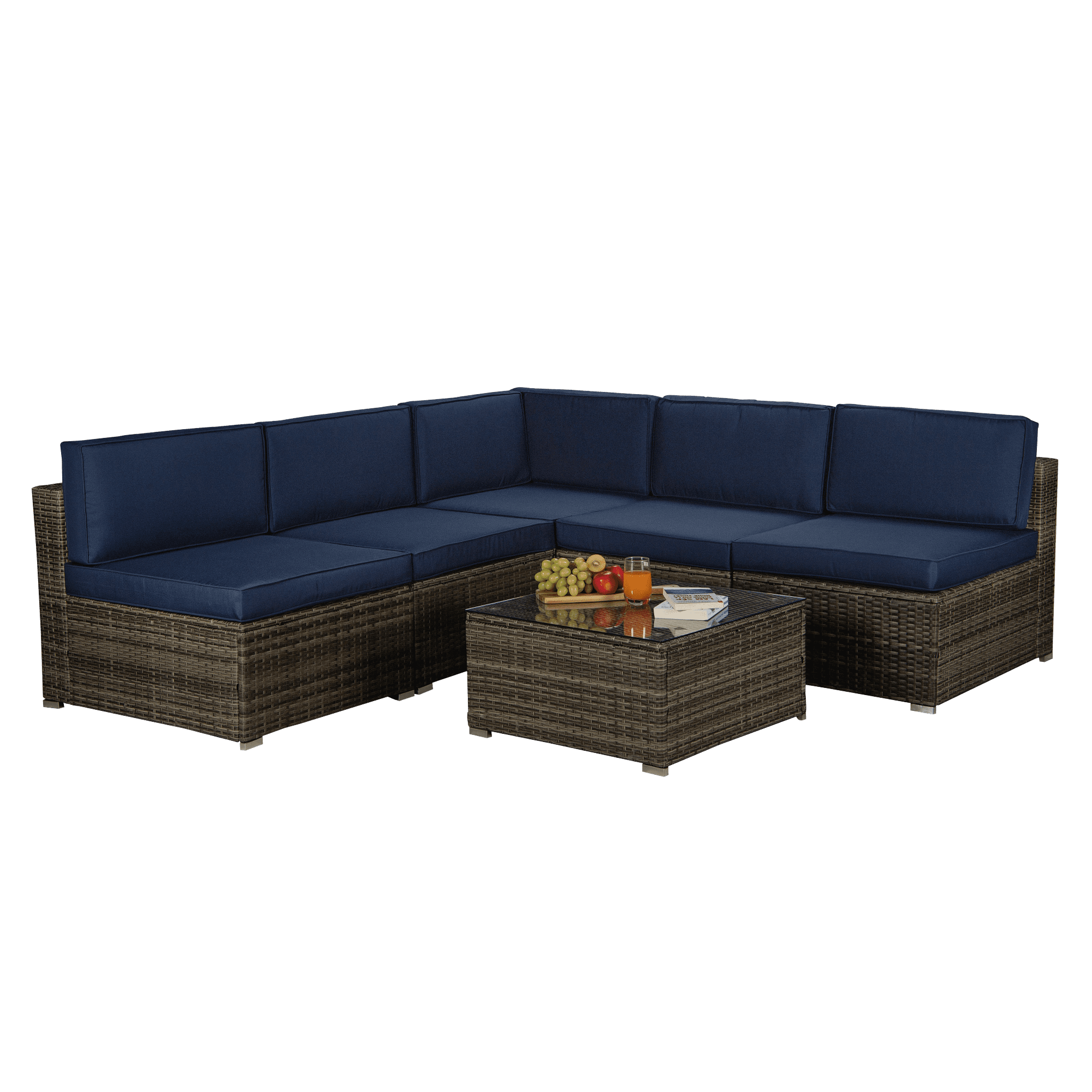 Outdoor Garden Patio Furniture 6Piece Dark Gray PE Rattan Sectional Navy Cushioned Sofa Sets