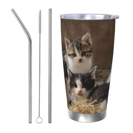 

KLL Cat Family Print 40oz Stainless Steel Insulated Car Cup with Spillproof Lid - Keep Your Drink Hot or Cold on the Go-Straw Three-piece Set