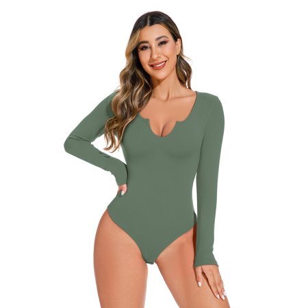 REORIA Womens V Neck Long Sleeve Bodysuit Slim Fit Basic Thong Tops for Female