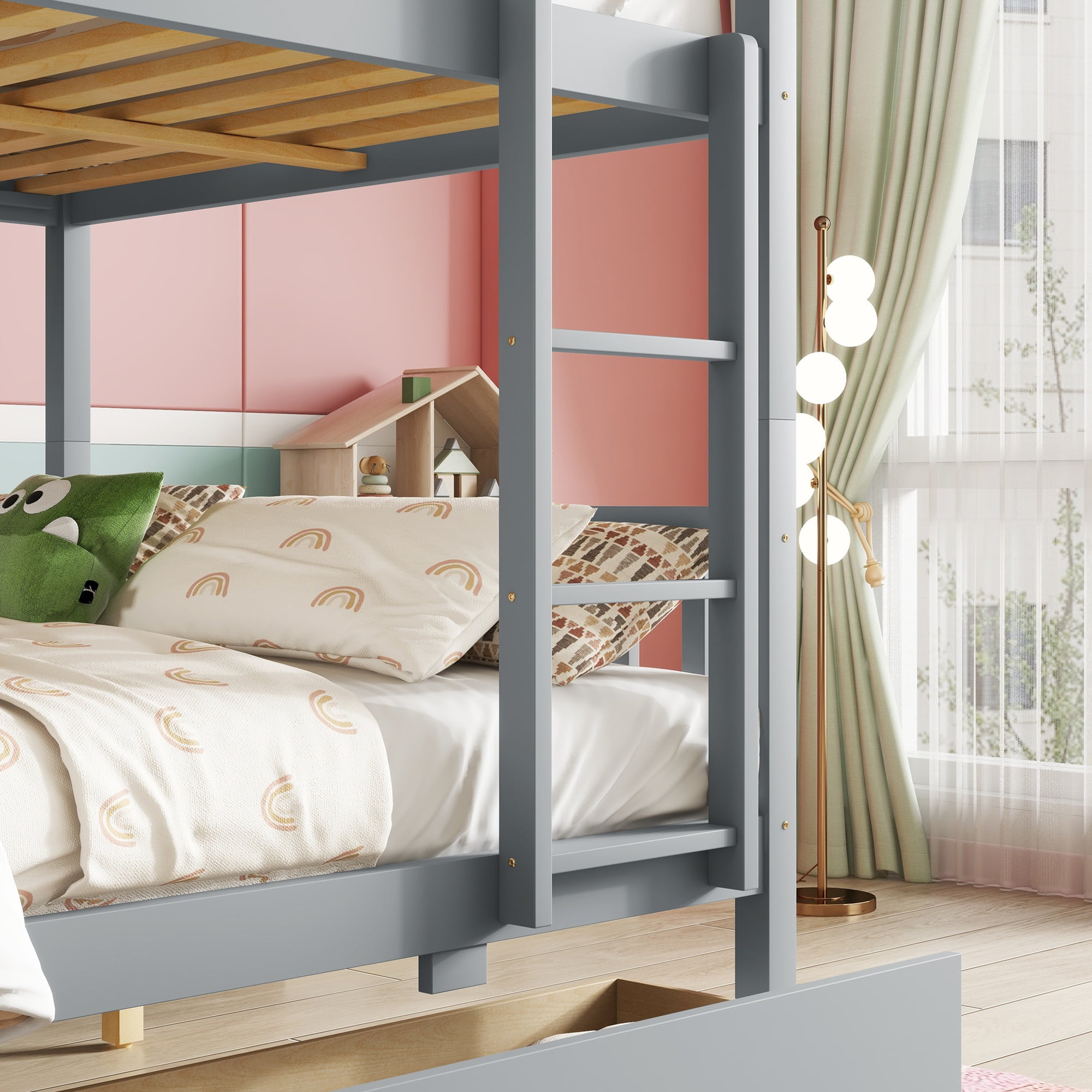 Sailvan full Over full Rubber Wood Bunk Bed with 2 Drawers, Convertible into 2 full Beds with Ladder