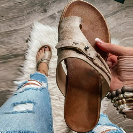 

AYYUFE Wommen Clip-Toe Beach Sandals Comfortable Flats Shoes Faux Leather Retro Bohemian Flat Slippers Walking Shoes Non Slip Beach Clip Toe Summer Sandal for Beach Outdoor