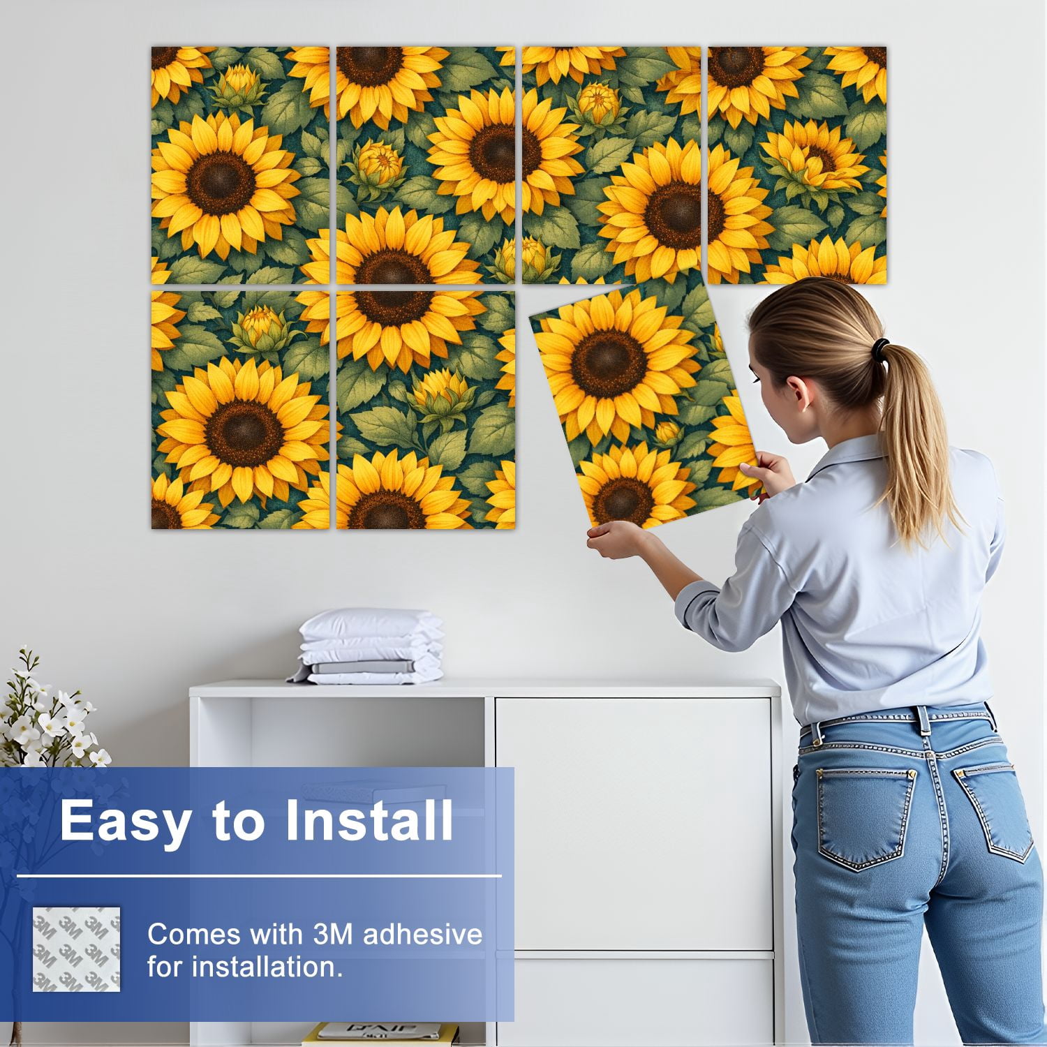 8 Pack Art Acoustic Panels Sunflower Seamless Yellow Blooms Dark Leaves Botanical Self Adhesive Absorbing Dampening Panels Self Adhesive for Nursery Game Room Bedroom 48"x32"