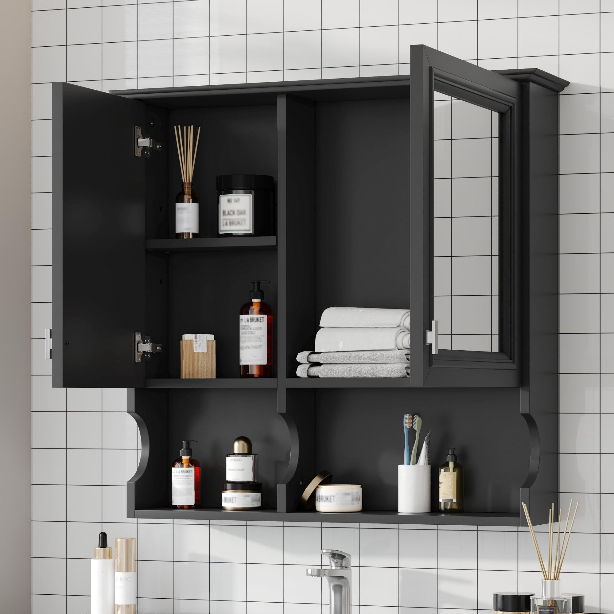 Euroco 30 Inch Mirror Medicine Cabinet with Open Shelves, Wall Mounted Home Storage with Doors & Mirror, Adjustable Shelf, Bathroom Storage Cabinet over Toilet
