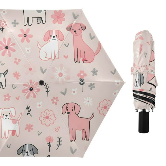 Hand Drawn Dogs and Flowers Compact Sun Umbrella Windproof Travel Umbrellas for Rain Strong Portable UV Protection