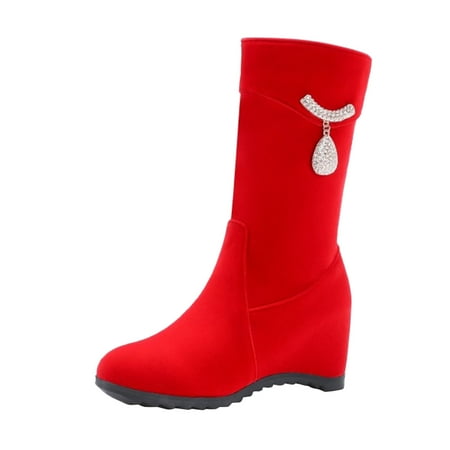 

nsendm Knee High Wide Calf Boots for Women Taupe Ladies Fashion Solid Color Rhinestone Boots Women Wide Calf Size 7 Red 8.5
