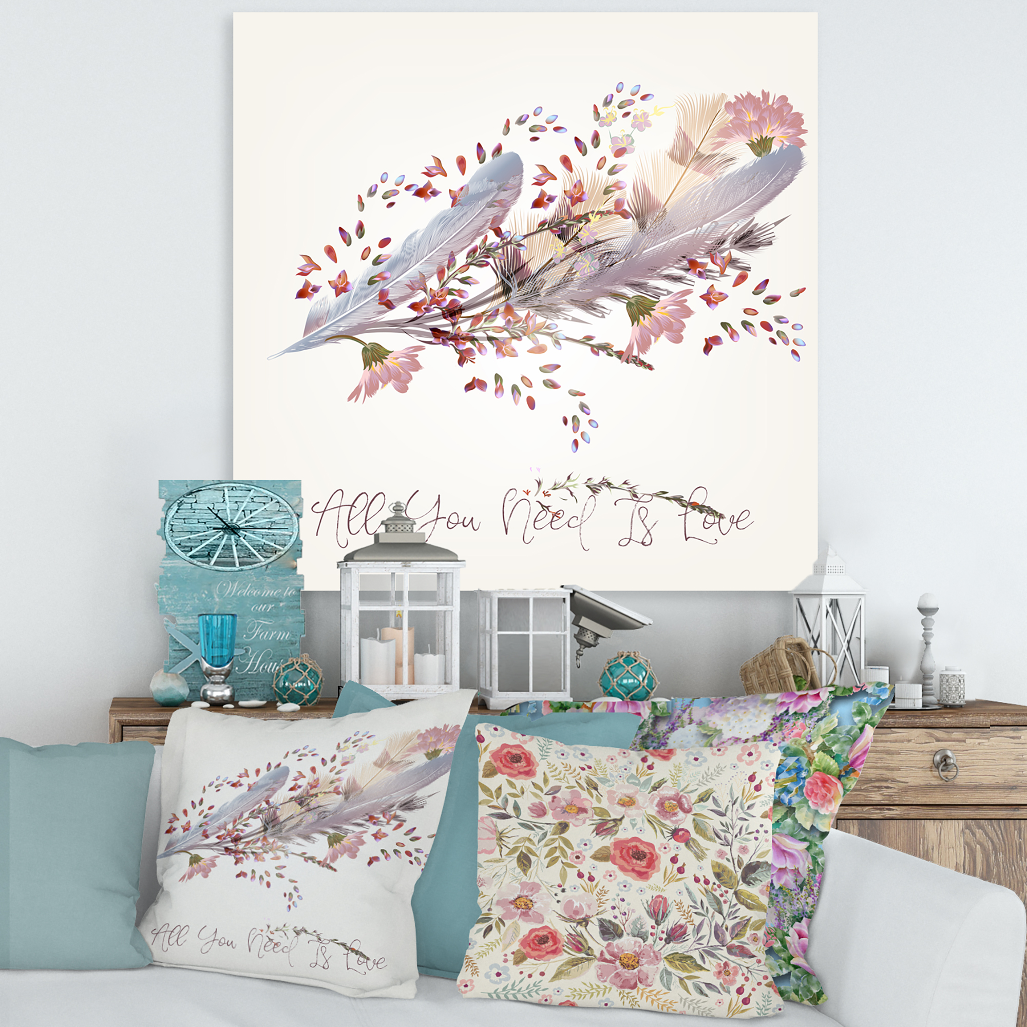 Pink Feathers and Flowers All You Need Is Love 16 in x 16 in Painting Canvas Art Print, by Designart