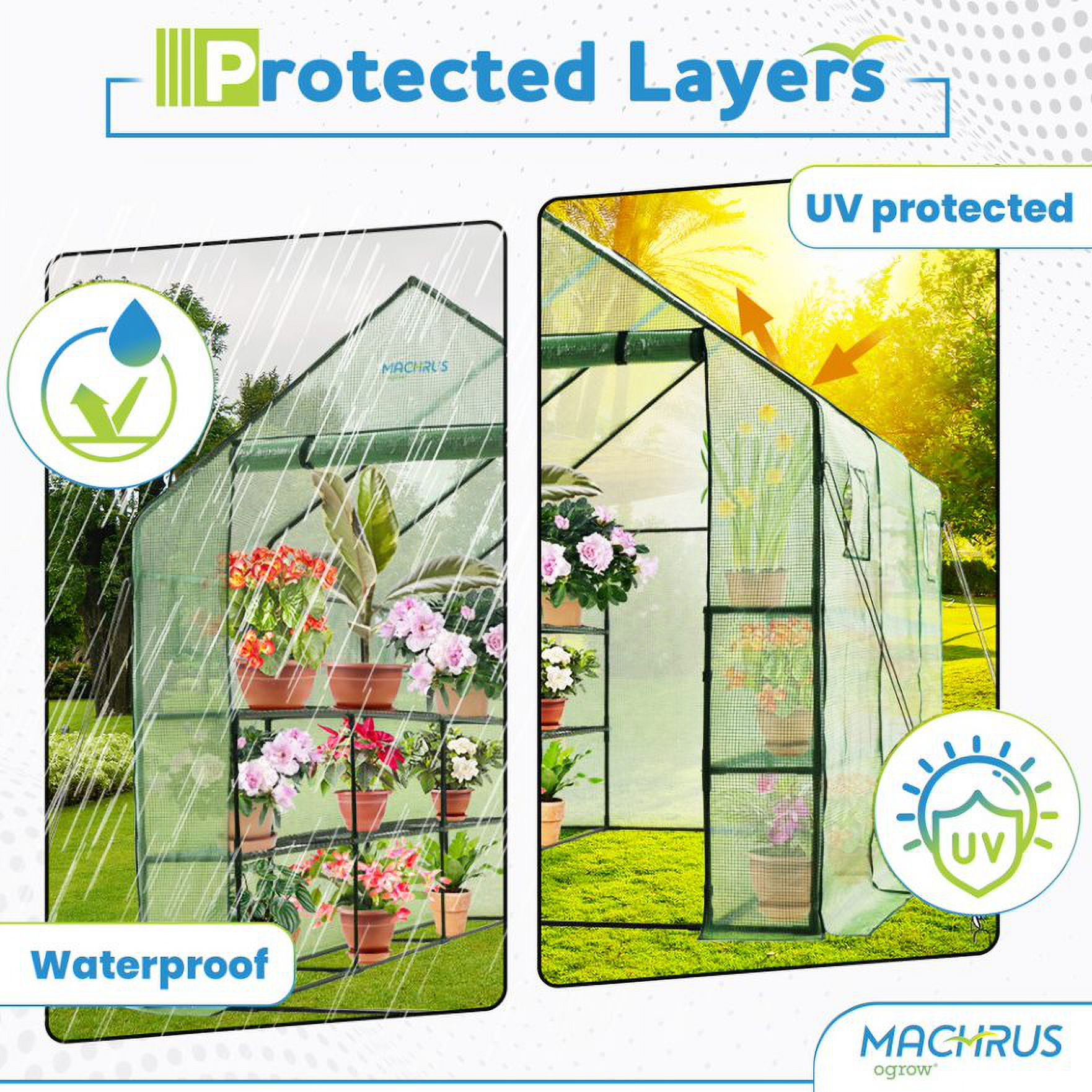 Machrus Ogrow Deluxe Walk-In Greenhouse for Outdoors with 2 Tiers & 8 Shelves – Durable Indoor Greenhouse with Green Cover for Mini Greenhouses and Garden Use