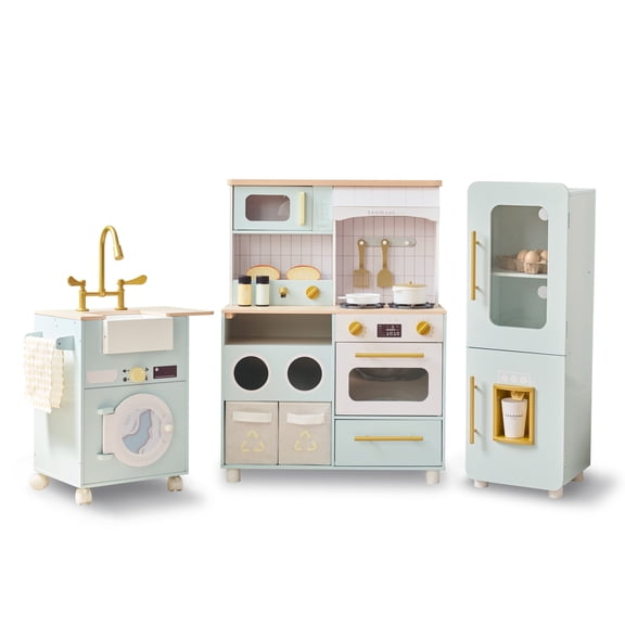 Teamson Kids Little Chef Savannah Wooden 3-piece Play Kitchen Set with Fridge, Sink, Stove & 21 Accessories, Green