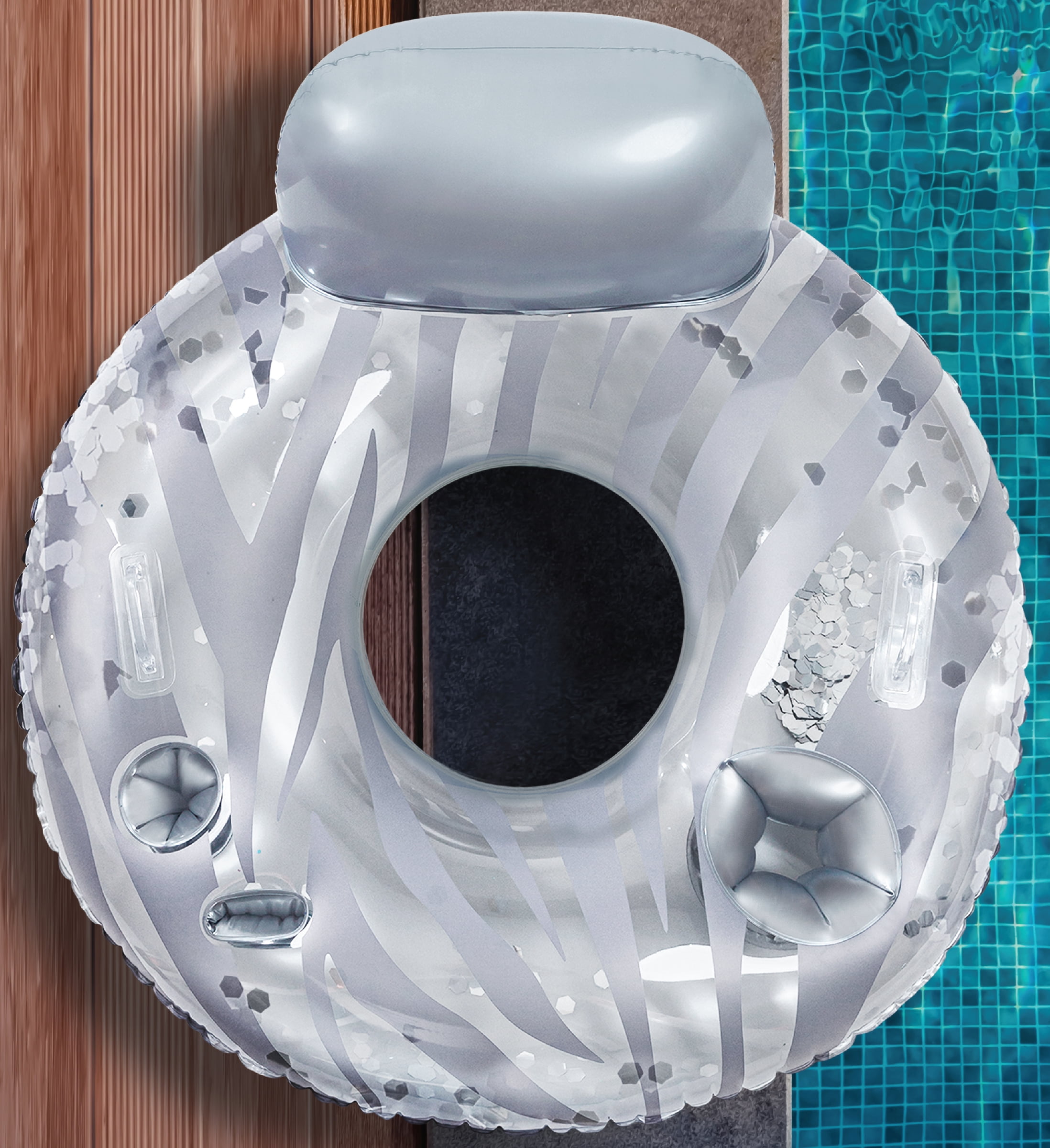 POZA Silver Inflatable Luxury Tube with Back Rest - Big Luxurious Lounger Pool Float Tube Filled with Sparkle Confetti, Built in Phone Holder, Cup Holders, and Handles, Premium Thick Ring - 42 Inches