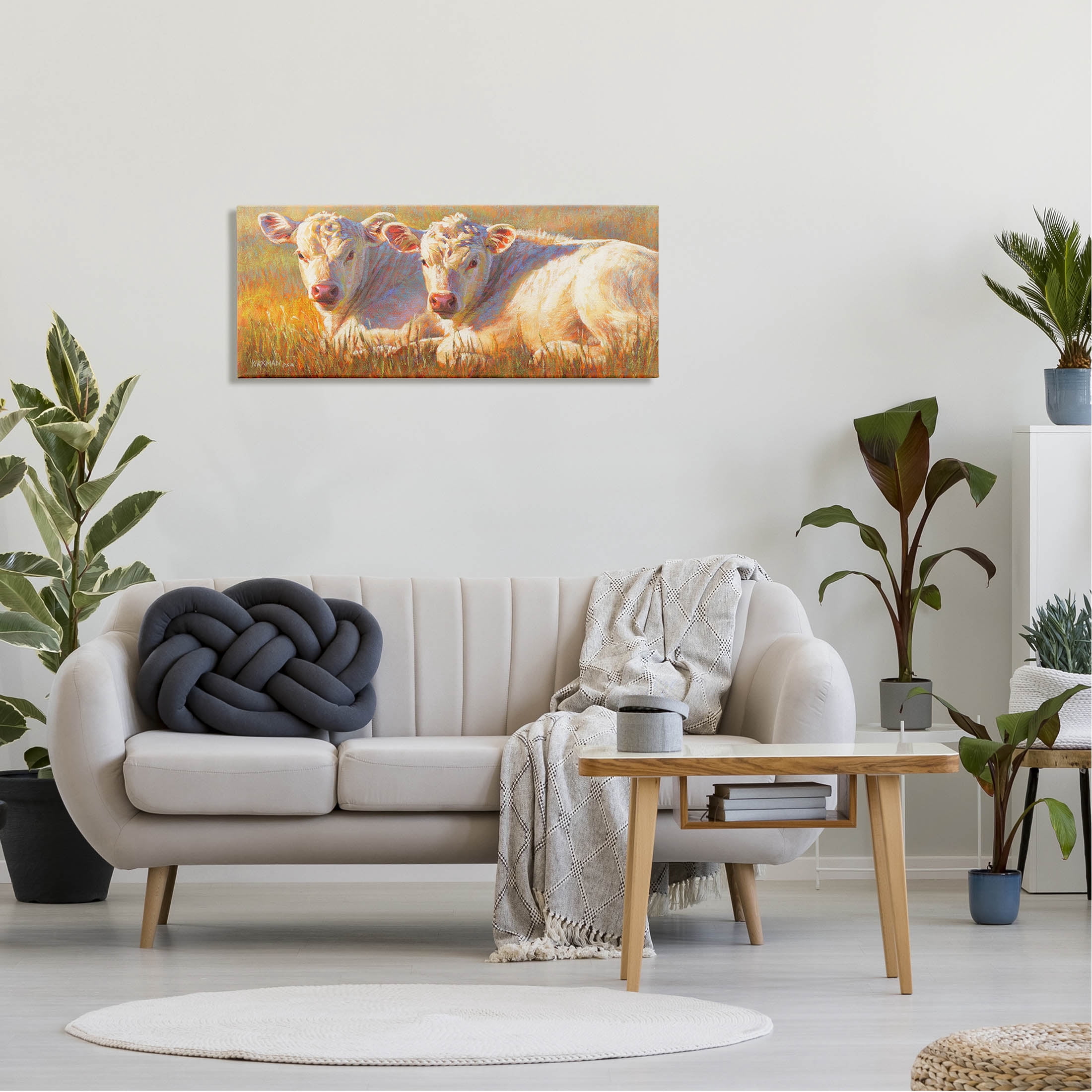 White Cows Resting Grassland Animals & Insects Painting Gallery Wrapped Canvas Print Wall Art