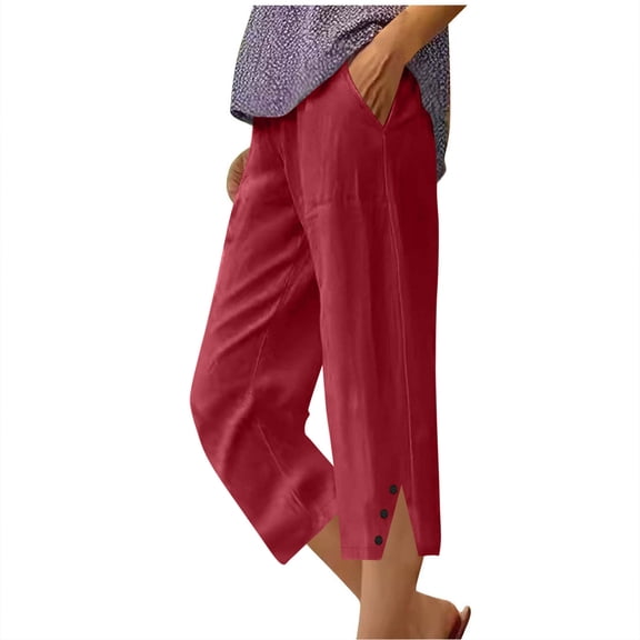 biudgviw Linen Pants for Women Elastic Waist Wide Leg Capris Pants Side Split Travel Vacation Casual Pants with Pockets