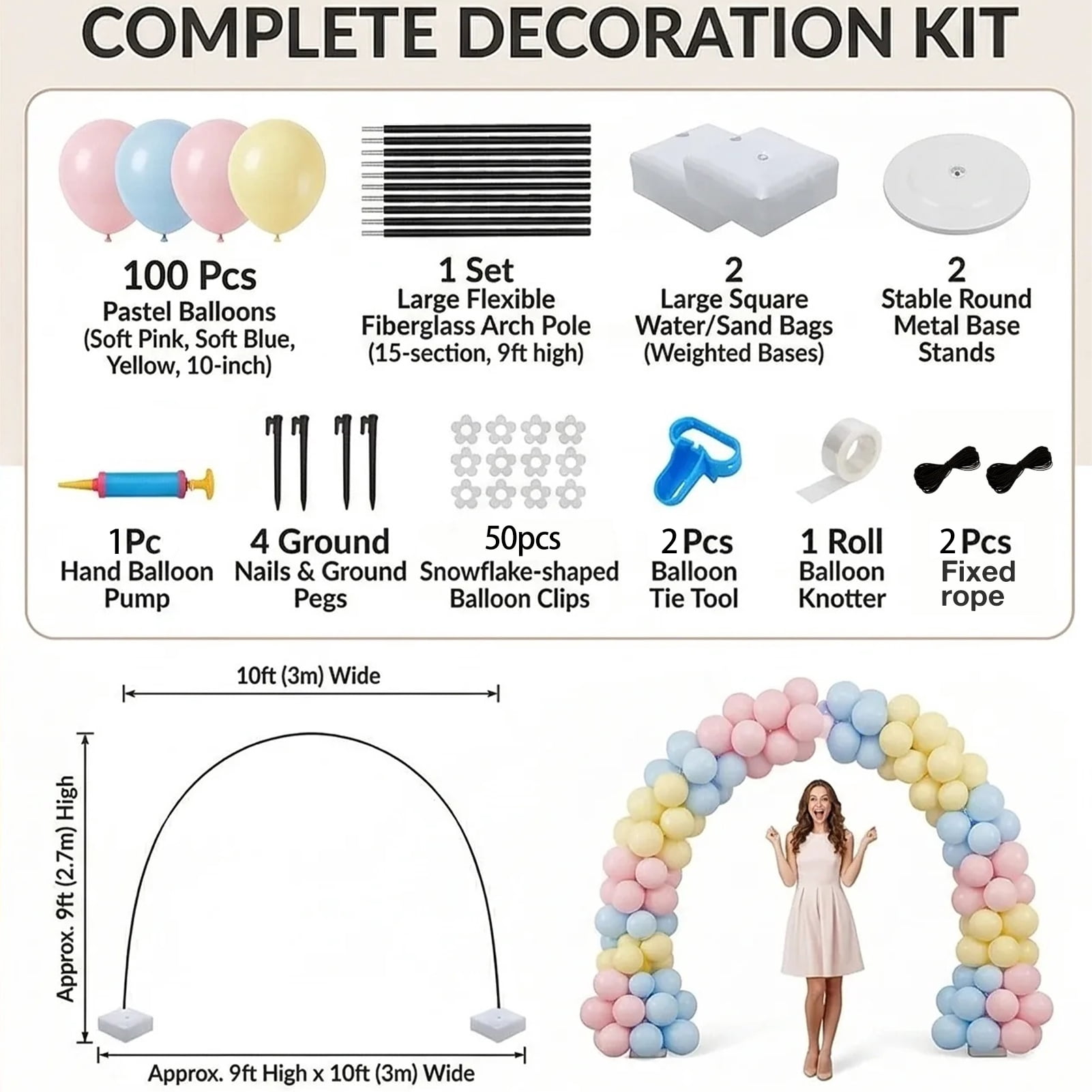 Kicpot Balloon Arch Kit with Stand, 10FT Wide 9FT Tall, Complete Balloon Garland Set for Baby Shower, Gender Reveal, Wedding & Party Decorations