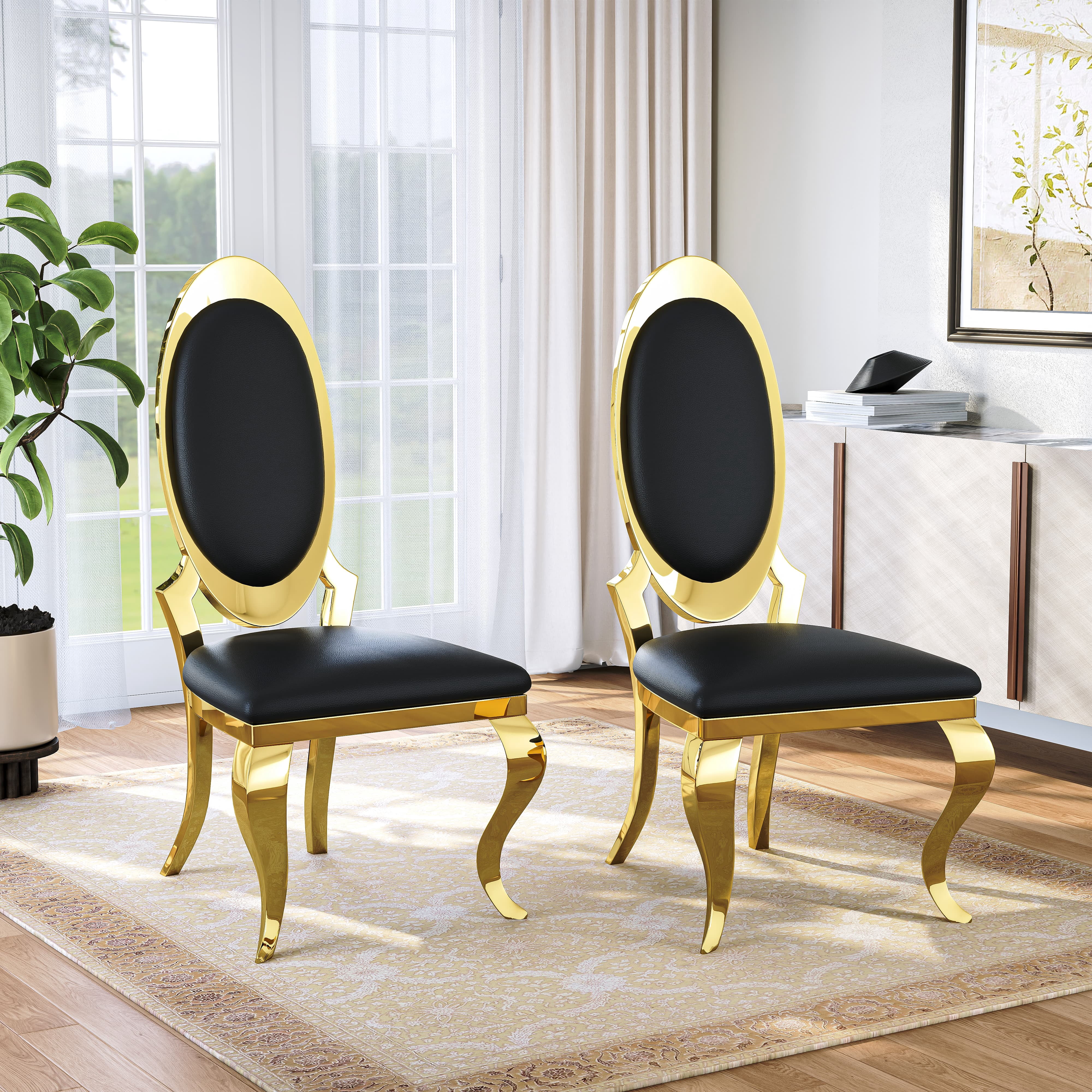 Luxury Dining Chairs Set of 4, Oval Back PU Upholstered Chairs with Stainless Steel Cabriole Legs, Dining Chairs for Kitchen, Living Room, Office