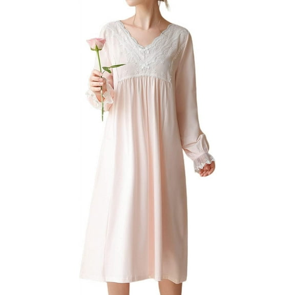 HLSOHJP Women's Cotton Pajama Dress Long Sleeve Victorian Nightgown Soft Princess V Neck Frilly Sleep Shirt Sleepwear