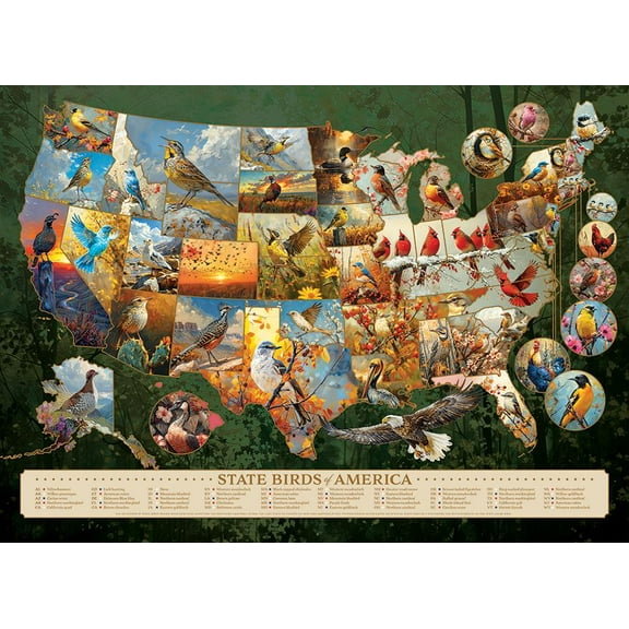 Cobble Hill 1000 Piece Puzzle - State Birds of America - Sample Poster Included