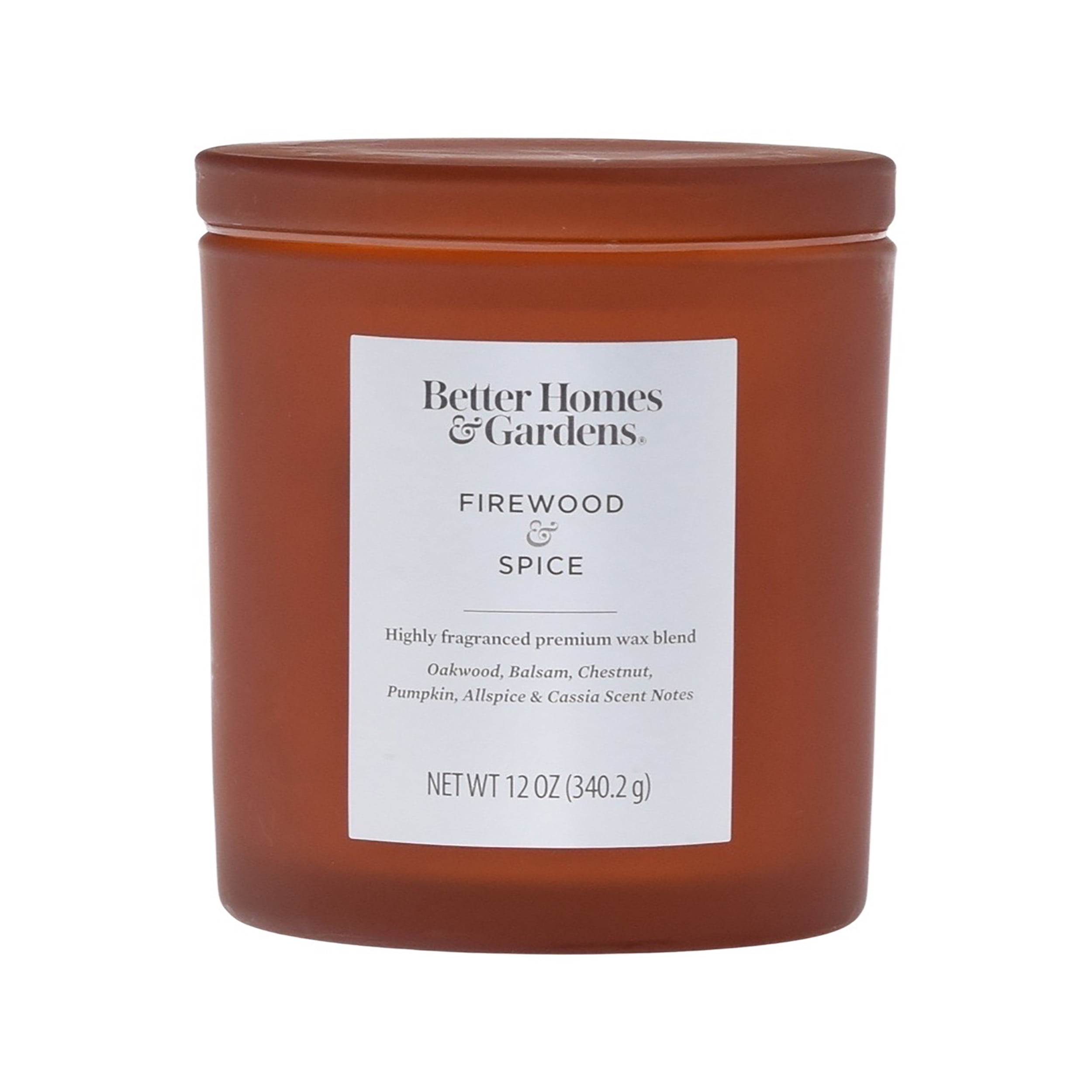 Better Homes & Gardens Firewood & Spice 12oz 2wick Candle with Glass Lid