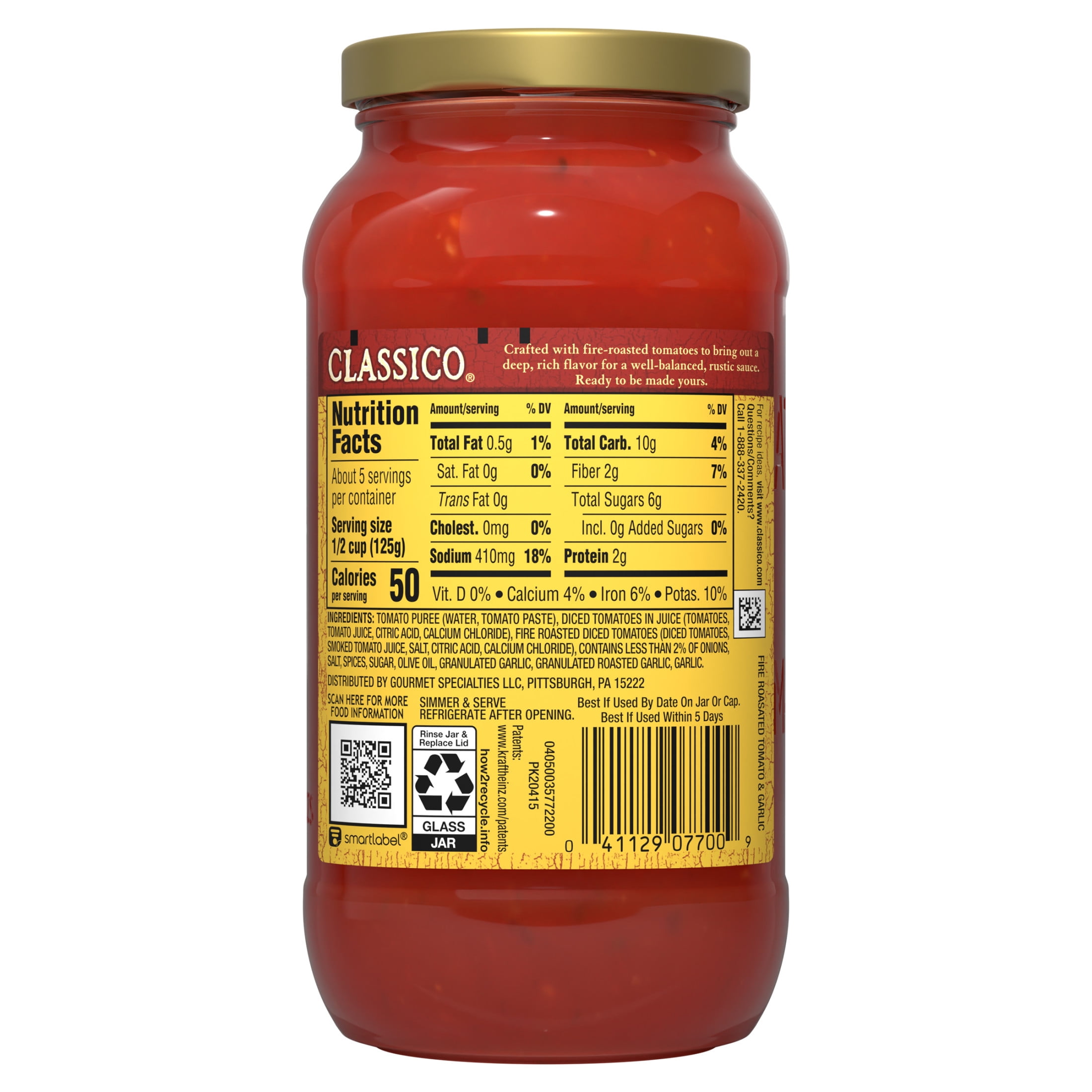 (6 pack) Classico Fire Roasted Tomato & Garlic Pasta Sauce, 24 oz Jar