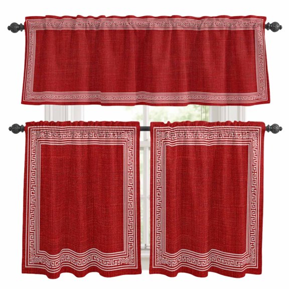 Red Retro Greek Key Kitchen Curtains Sets for Windows 24 Inch Length, Geometric Greece Ancient Rustic Rod Pocket Window Treatments Tier Curtains and Valances Set for Bedroom/Bathroom