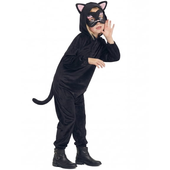 Kids Black Cat Costume with Hero Mask, Kitties Jumpsuit Fancy Dress Outfit Boys Girls for Halloween