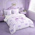 thumbnail image 2 of Erosebridal Purple Classic Checkered 7-Piece Bedding Comforter Set For Kids,Kawaii Letter I Initial Lettering King Bedding Sets For Bow Lover,Reversible, 2 of 7