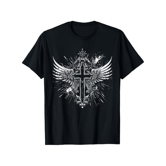Men's Gothic Ornate Winged Cross Graphic T-Shirt