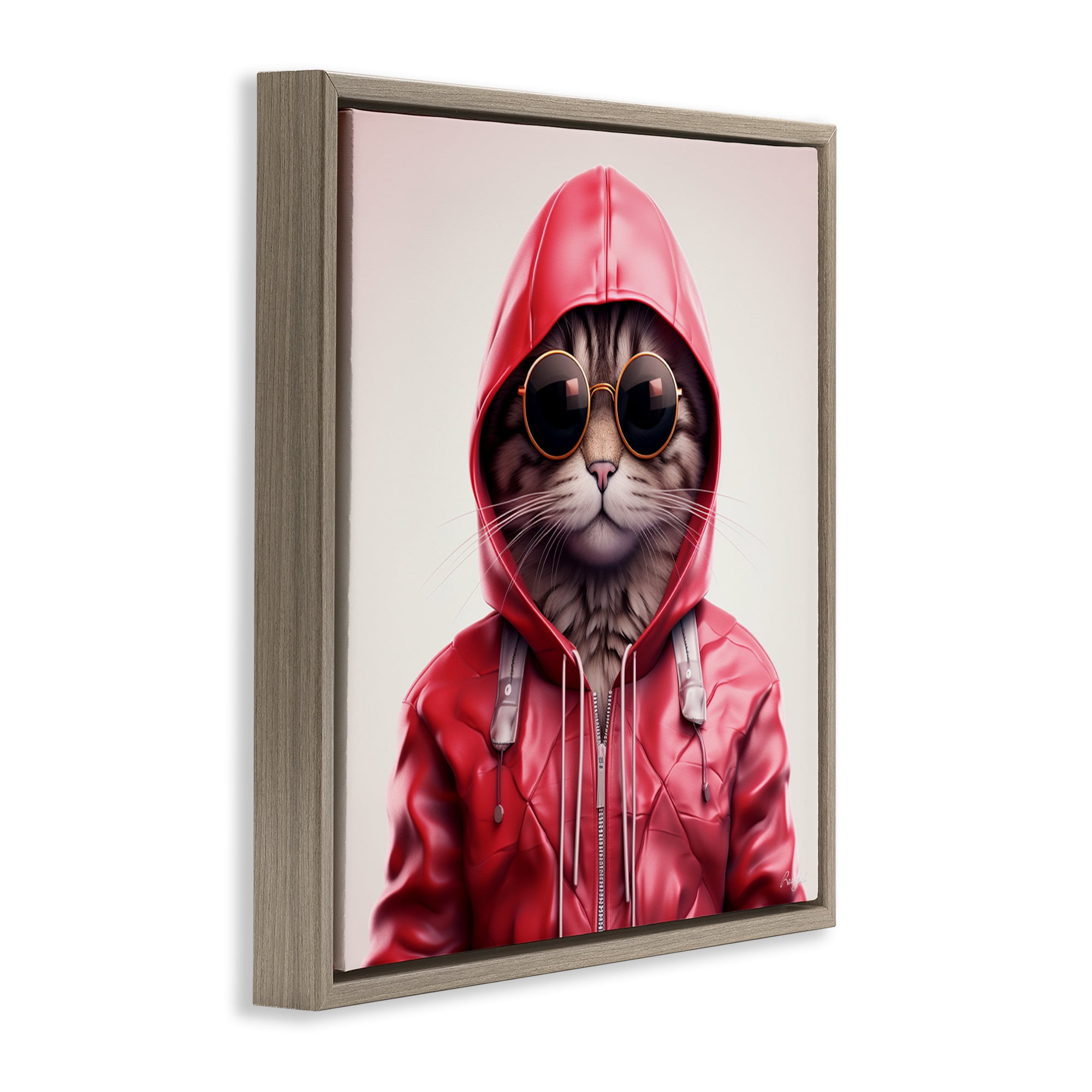Stupell Industries Hipster Cat in Stylish Jacket Brown Framed Floater Canvas Wall Art, design by Roozbeh