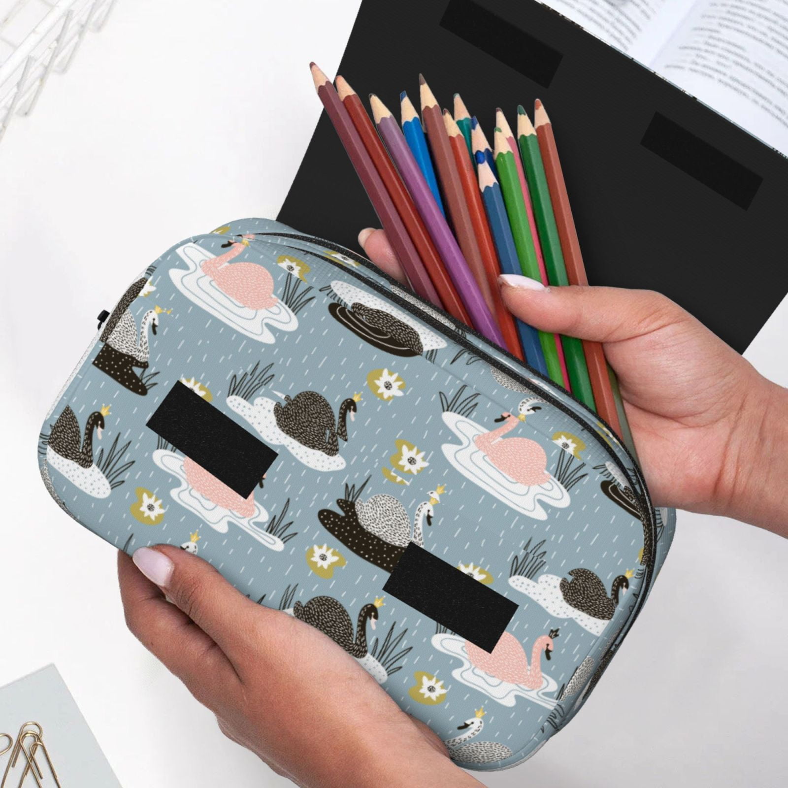 Rateoe Swan Princess On Lake Pattern Double Clamshell Pen Case, Storage Organizer with Two Zipper Compartments– Holds Up to 50 Pencils & Pens