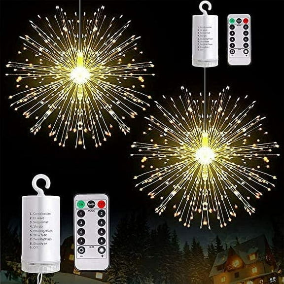 2 Pack Firework Fairy Light, 120 LED 8 Mode LED Starburst Lights Copper Wire Twinkle Light with Remote Control for Patio Lawn Backyard Landscape Wedding Party Decorations (Warm White)