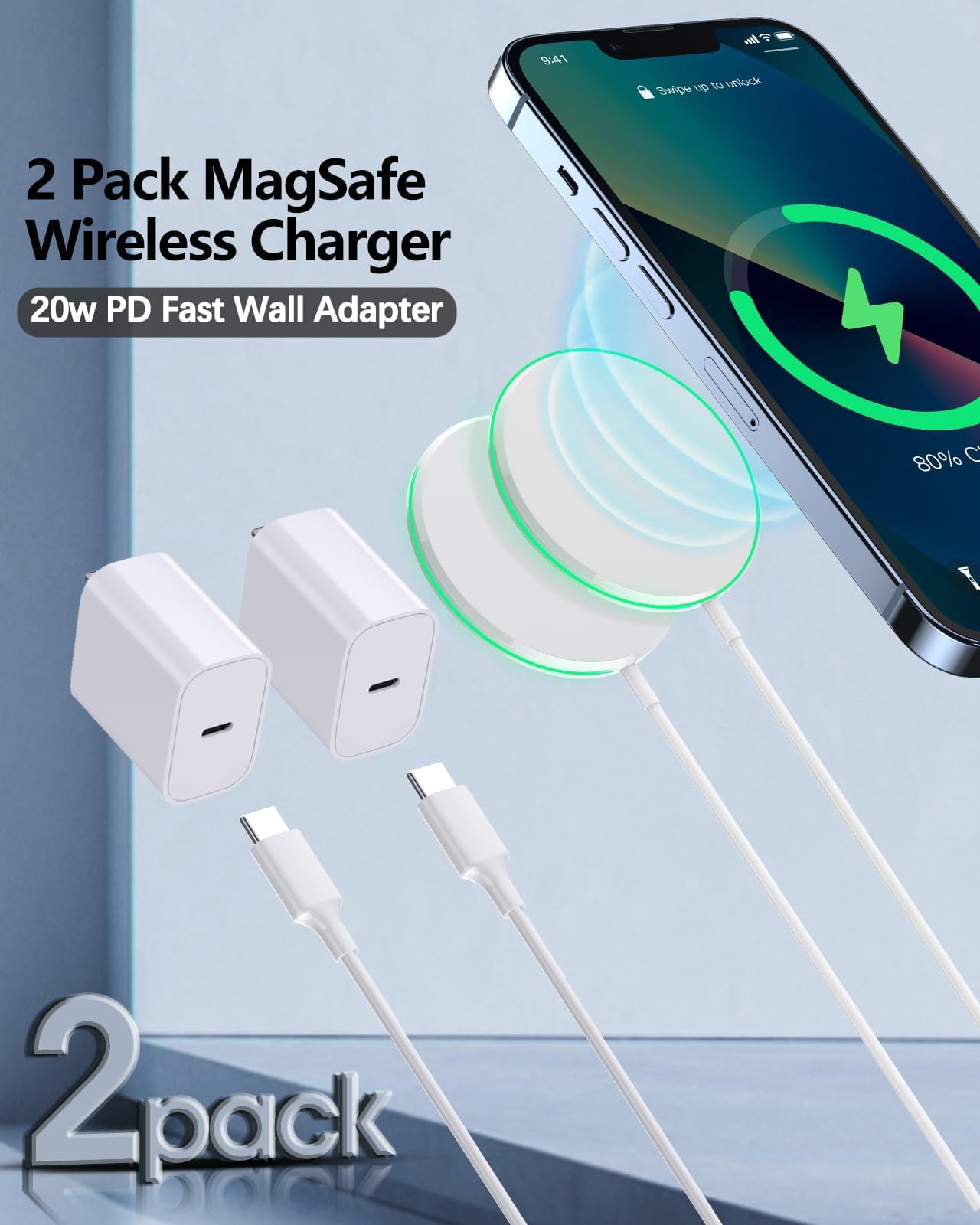 LujingZ 2 - Pack 15W Magnetic Wireless Apple Mag - Safe Charger with 20W Adapter - for iPhone 16/15/14/13/12 Pro/Max/Plus/Mini & AirPods 3/2/Pro 2/Pro - 5ft Cable