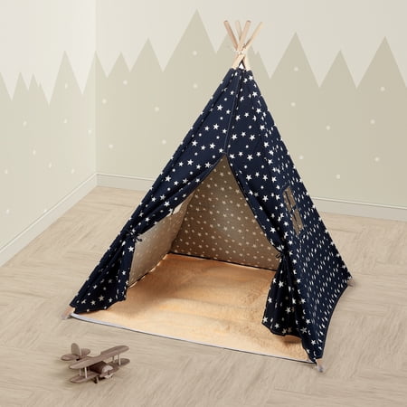DUKE BABY Kids Teepee Tent – Cotton Canvas Tent for Indoor Outdoor with Tent Mat Holiday Gift for Kids Age 2-12 Navy Stars