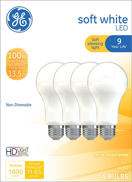GE Soft White LED Light Bulbs, 100 Watt Eqv, A19 General Purpose, 9 year, 4pk