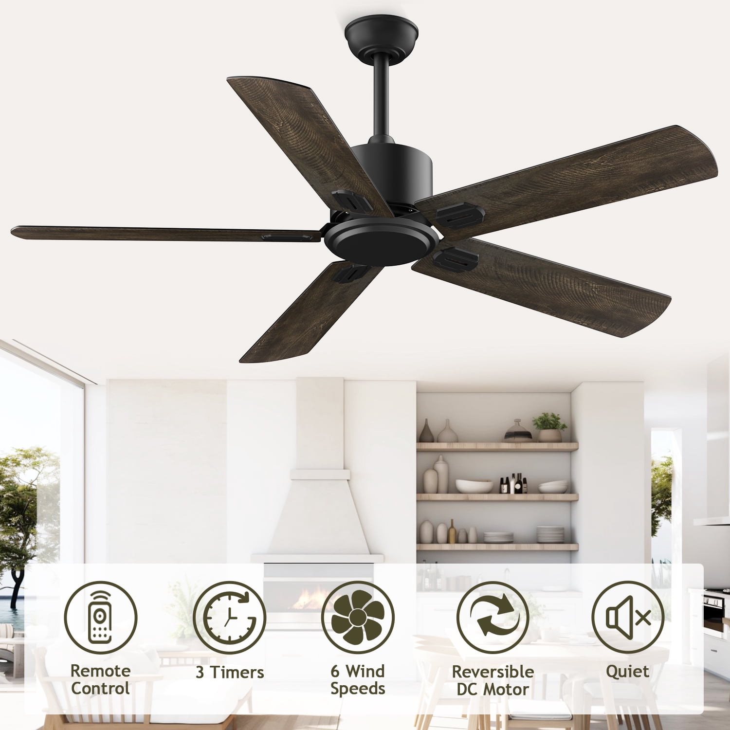 XAUJIX 52" Ceiling Fan with Remote Control No Light, 6 Speeds Reversible DC Motor Indoor Outdoor 5 Blades Modern Ceiling Fans for Patio Garage Kitchen Bedroom(Old Oak/Black)