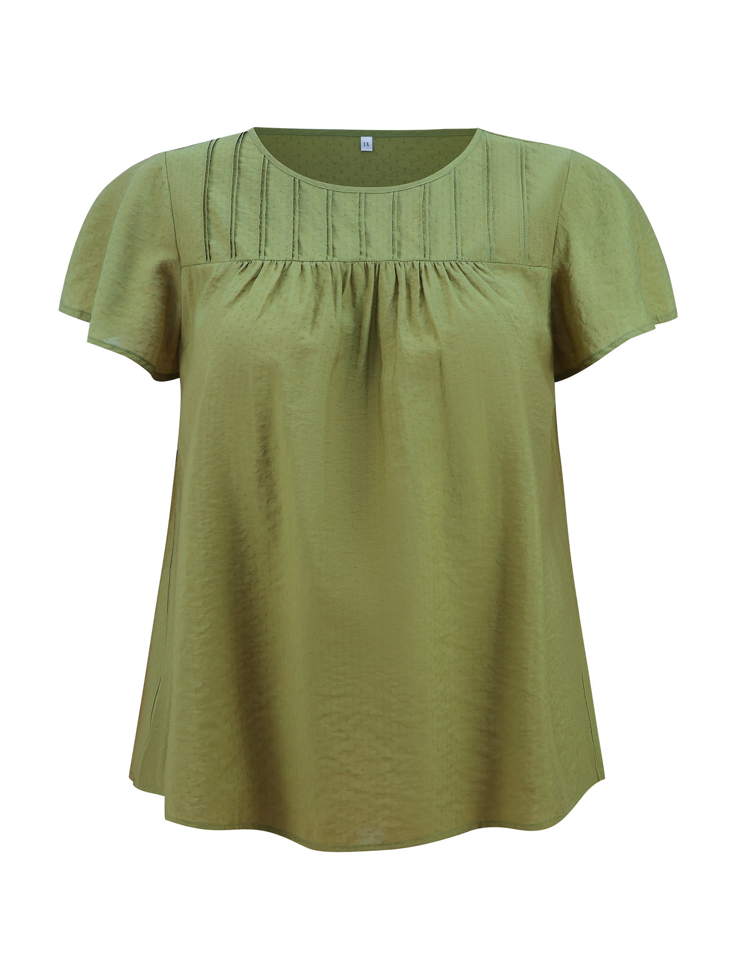 DARING DIVA Women's Plus Crew Neck Ruffle Casual Blouse 1X Olive Green