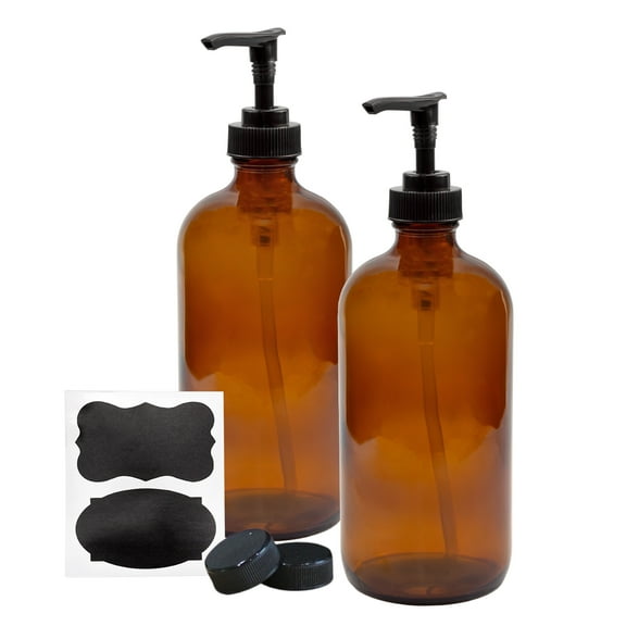 Cornucopia Brands 16oz Amber Glass Bottles w/ Pump Dispensers (2-Pack); Refillable Lotion Liquid Soap Pump Brown Bottles Labels, BPA-Free Plastic Tops
