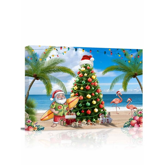 Coastal Christmas Tree Canvas Print Wall Art Framed Canvas Art Wall Decor Xmas Santa Flaming Bird Coconut Trees Beach Pictures Painting Morden Artwork for Living Room Bedroom, Ready to Hang - 12"x16"